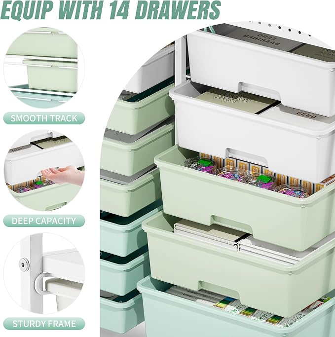 14 Drawer Rolling Storage Cart with Tabletop and Pegboard for Crafts Green | Easy Setup, Large Capacity, Sturdy Build, Smooth Mobility, For classroom, office and dorm supplies - Image 4