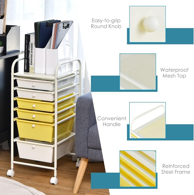 GOFLAME 6-Drawer Rolling Storage Cart, Multifunctional Art Craft Organizer Cart, Mobile Utility Storage Cart with Removable Drawers & Lockable Wheels, Craft Cart for Home Office, School, Yellow - Image 5