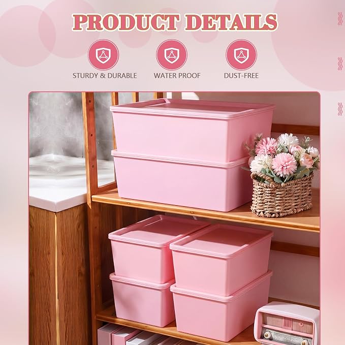 6 Pcs Large and Small Plastic Storage Bins with Lids 14.4 x 10.4 x 5.1 Inch Stackable Storage Containers Decorative Cubby Organizer for Clothes Shelves Garage Closet Office(Pink) - Image 3