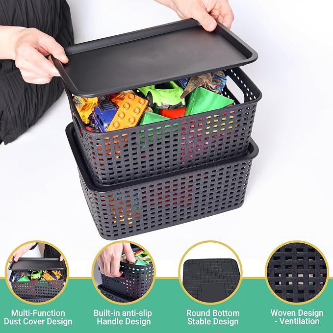 Ohmlove 8 Pack Plastic Storage Baskets with Lids for Organization | Stackable Storage bins, Storages Baskets for Organizing Shelves Drawers Desktop Closet Playroom Classroom Office, Black - Image 3