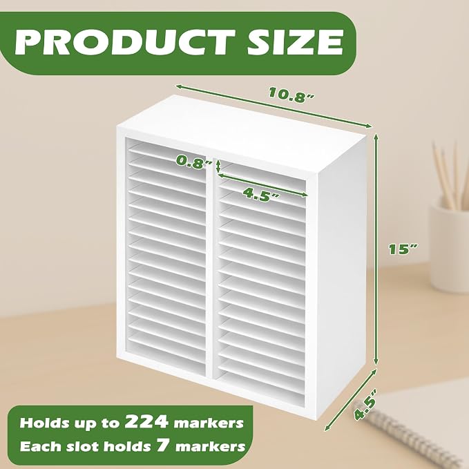 PROLEE Marker Organizer for 224 Markers, Wooden Alcohol Marker Holder with 32 Compartments, Horizontal Art Pen and Pencil Storage Rack for Desk, Classroom and Studio, White - Image 3