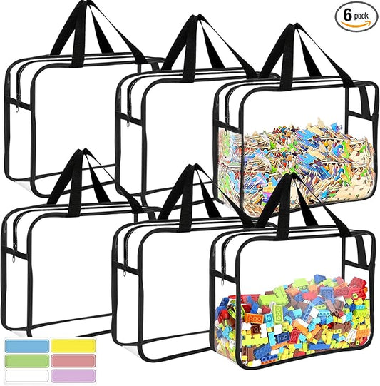 6 Packs Large Toy Storage Bags with Labels, Reusable Clear PVC Board Game Storage, Travel Waterproof Organizer Bags with Zipper for Building Blocks, Puzzle, Kids Books by OPELETNNT
