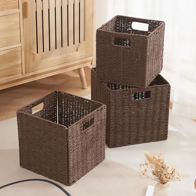 5Pcs Woven Shelf Baskets, 10.5'' Paper Rope Handmade Open Storage Bins, Dark Brown Pantry Baskets Organization Basket Foldable Storage Bins for Bedroom, Cubby Cubes Wicker Basket with Handles - Image 2