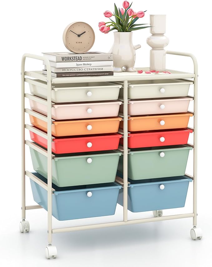 12 Drawer Rolling Storage Cart, Craft Cart Organizer on Wheels w/Metal Frame, Large Capacity & Smooth Drawer, Rolling Cart w/Drawers for Classroom, Office by LDAILY