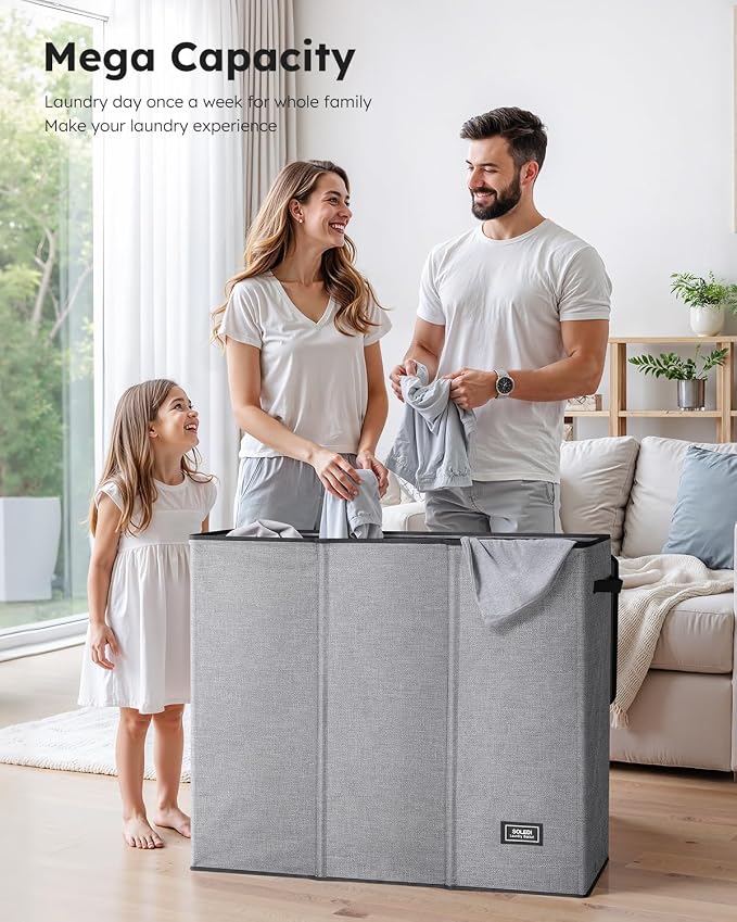 SOLEDI Large Laundry hamper 3 Section with Laundry Bag, XL Clothes Basket | 3-Section Large capacity Laundry Sorter with Odor-Blocking Lid, Robust Iron Frame & Waterproof 600D Fabric, 3 Washable Bags - Image 3