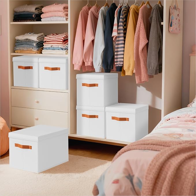 Storage Bins with Lids - Large Fabric Closet Bins with Lid, 5 Pack Clothes Organizers and Storage, Collapsible Stackable Cube Basket for Home, Office, Dorm, White - Image 5