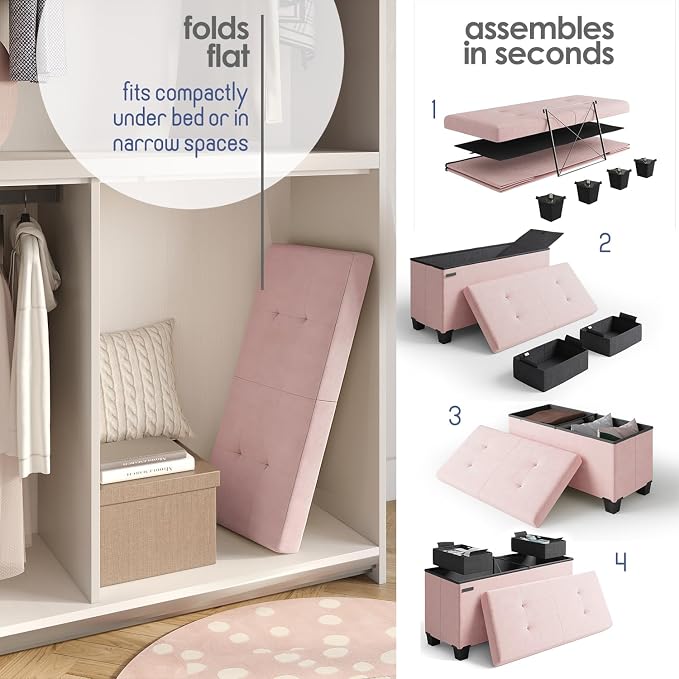 Storage Ottoman Bench with Bins, 30-in Storage Bench for Bedroom End of Bed, Folding Foot Rest Ottoman for Living Room Max 660lbs, Velvet Ottomans, Pink - Image 6