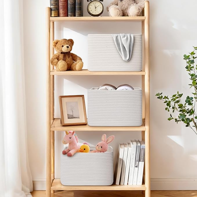 Storage Baskets for Organizing, 4 Pack Baskets for Shelves, Decorative Storage Bins for Shelves, Cotton Rope Storage Basket with Handles, Woven Basket for Storage, 13''Lx8.7''Wx7.9''H, White - Image 2