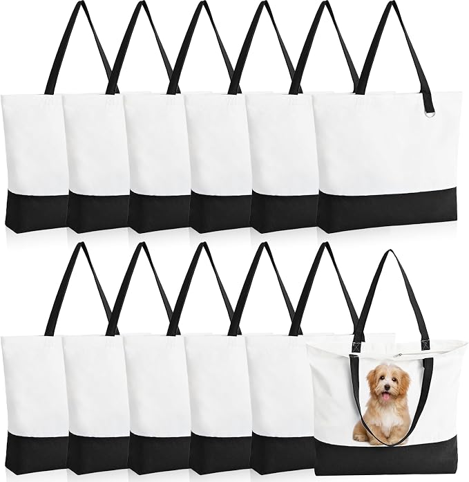 12-Pack Canvas Tote Bags with Zipper, Large Reusable Grocery Tote Bluk | Blank bags, washable, inner pocket, flat bottom, sturdy handle, for sublimation DIY/transfer, travel/beach/Christmas crafts by HWJH