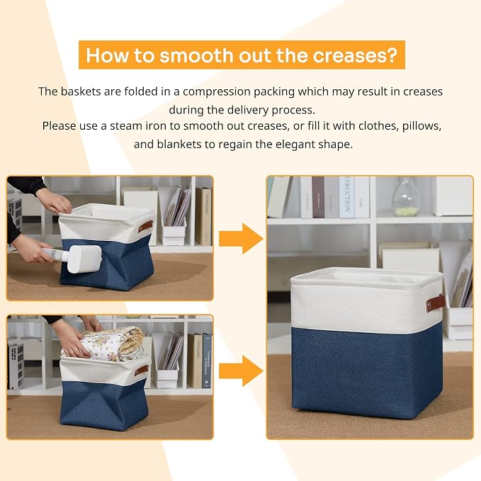 DULLEMELO [Set of 4 Storage Cubes Baskets for Organizing, 11 x 11 x 11 inch Cube Storage Organizer Bins with Leather Handles, Foldable Fabric Cloth Bins for Cube Storage(4 Pack - 11" White&Blue) - Image 6