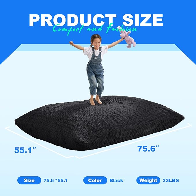 Hobestluk Adult Bean Bag Chair 3 in 1 Convertible Large Bean Bag Sofa | Chevron Plush Black,Machine Washable,Removable Cover,Easy Convert And Install, Floor Bed,For Livingroom Bedroom - Image 3