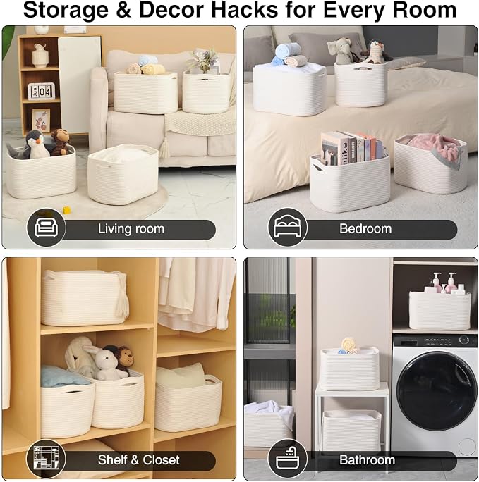 ICERZCZ Woven Cotton Rope Storage Baskets for Organizing & Shelves, Organization Bins for Dog Toys, Clothes, Books, Nursery Organizer, 15"x11"x9", Off White (4 Packs) - Image 4