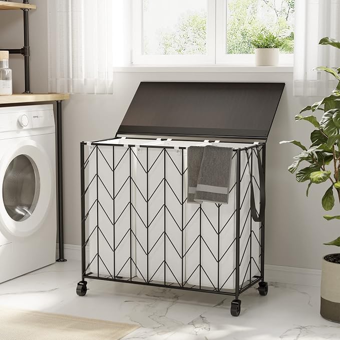 WOWLIVE Laundry Hamper 3 Section with Lid, 142L Laundry Basket with Wheels | Rolling Dirty Clothes Hamper with Removable Bags, Large Iron-Made Laundry Basket Organizer Laundry Sorter for Dorm, Beige - Image 2