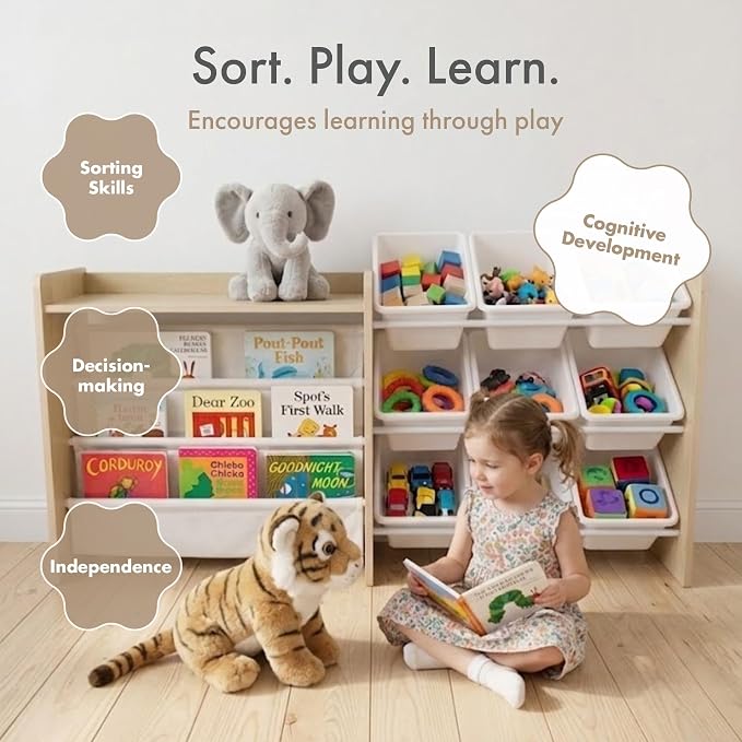 Humble Crew Kids Toy Storage Organizer, Front Facing Bookshelf, 9 Bins Wood | Removable bins, solid hardwood, 49 in wide with top shelf, toddler friendly, easy cleanup, for playrooms and nurseries - Image 6