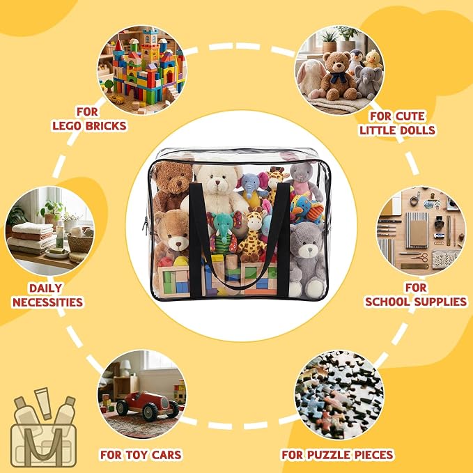 4 Pack Extra Large Clear Toy Storage Bags, 16x20x7 in, Black | Thick PVC Organizer Bags, with Zipper Handles, Ideal for Blocks, Puzzles, Stuffed Animals and Playroom Organization - Image 5