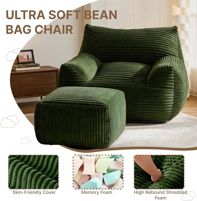 Oversized Bean Bag Chair with Ottoman, Bean Bag Couch with 2 Side Pockets, Corduroy Boneless Couch Chair in a Box, Comfy Lounge Chair for Living Room, Bedroom, Dorm, Green - Image 6