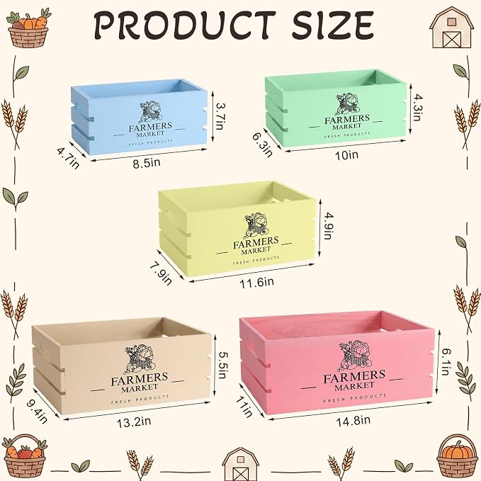 Barydat Set of 5 Wood Crates for Display Decorative Nesting Wooden Crate Storage with Handles Vintage Farmhouse Style Decorative Boxes Multipurpose Fruits Vegetables Boxes (Pastel,Elegant) - Image 3