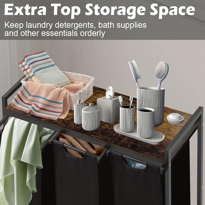 Large Laundry Hamper Sorter with 3 Removable & Pull-Out Sorting Bags, Wooden Top Shelf, Versatile Laundry Basket Organizer for Laundry Room, Bathroom, Dorm, 8 * 3 Gal, Black - Image 3
