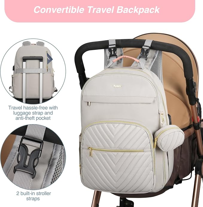 Diaper Bag Backpack, Quilted Baby Bag with Changing Pad and Stroller Straps and Pacifier Case, Multifunction Waterproof Travel Diaper Bags, Unisex, Light Grey and Pink - Image 4
