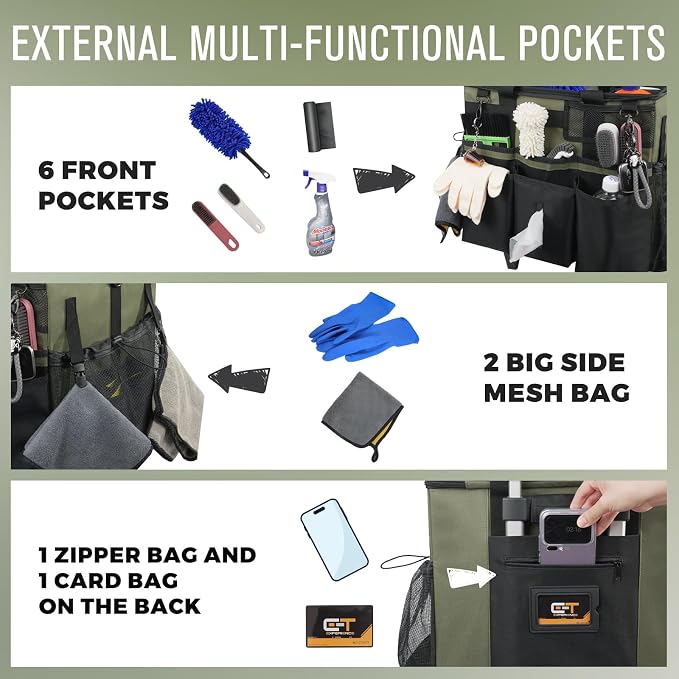 Rolling Cleaning Caddy Bag with Detachable Trolley, Large Cleaning Supplies Organizer with Wheels, Multi-Pocket Cleaning Cart with Adjustable Shoulder Strap for Housekeepers & Home Use, Armygreen - Image 2
