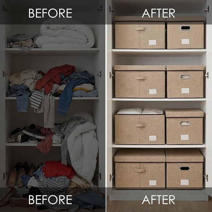 Storage Bins with Lids [3-Pack] Jute Fabric Foldable Storage Boxes Organizer Containers Baskets Cube with Cover for Home Bedroom Closet Office Nursery khaki（23.4X15.9X11.5 - Image 5