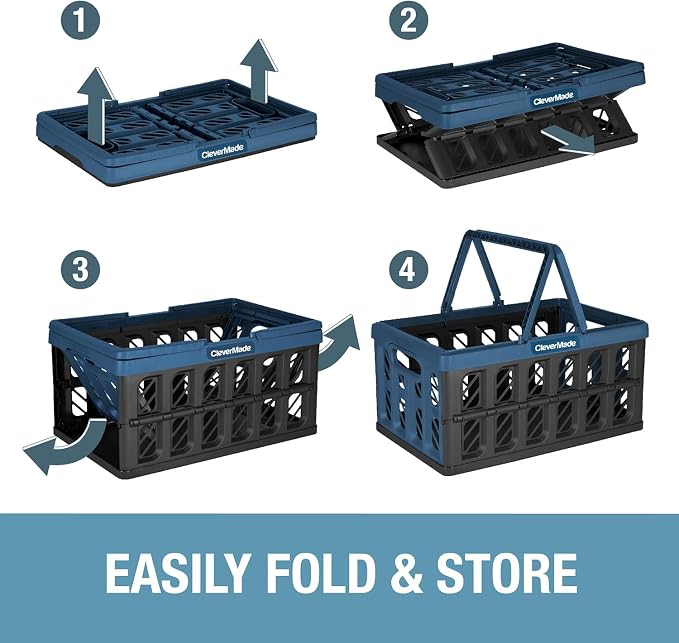 CleverMade Eco Collapsible Shopping Basket with Handles, 24L Stone, 3 Pack | Keep Groceries Upright in the Car | Rigid Walls Carry 25 lb Each, Stack Securely, and Fold to 2.25 Inches for Storage - Image 6