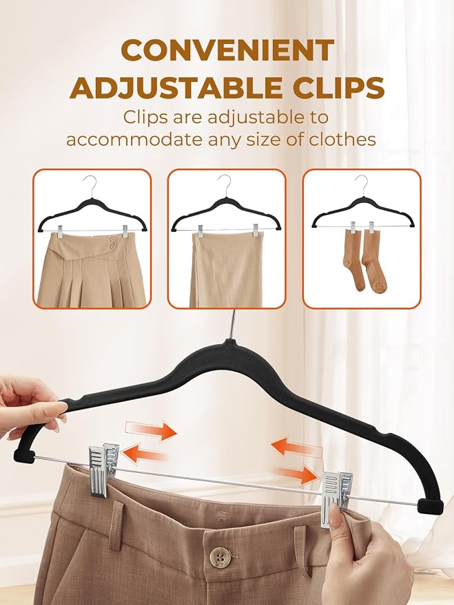 HOUSE DAY Velvet Skirt Hangers 72 Pack, Black Hanger with Adjustable Clips | Space Saving Slim Felt Pant Hanger, Heavy Duty Shorts Hanger, Non Slip Clip Hangars for Pants, Skirts, Shorts, Outfit - Image 8