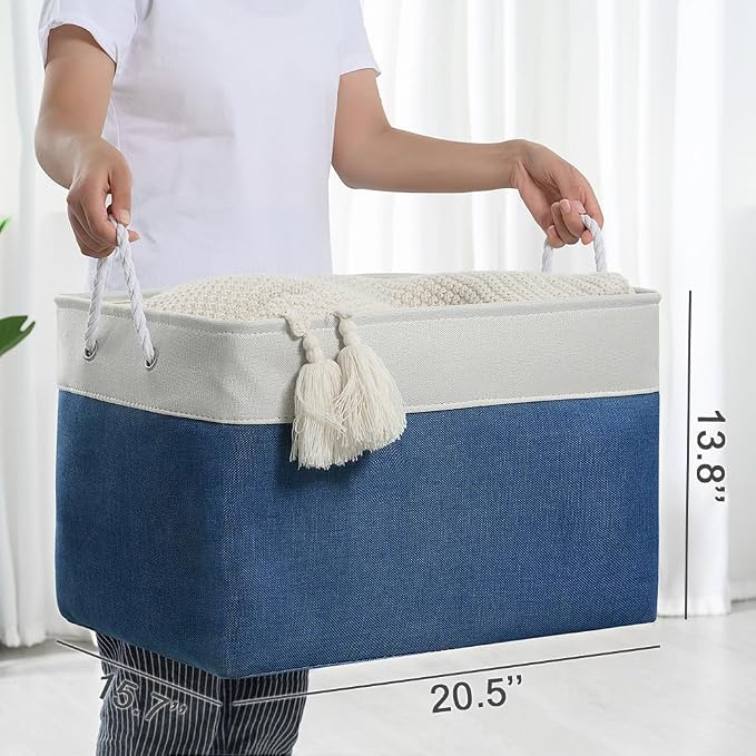 Organization and Storage Basket for Shelves - Jumbo 3 Pack 20x16x14 inch Collapsible Storage Bins for Organizing, Canves Storage Cubes for Gift Organizer Toys Closet (White & Jean Blue) - Image 5