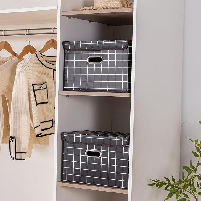 STOREONE Fabric Storage Cube Bins Foldable Organizer Container Collapsible Basket with Lids and Metal Handles, for Home, Bedroom, Closet 6 Pcs (Black grid) - Image 5