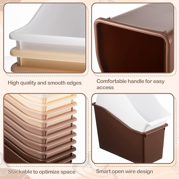 Geetery 12 Pcs Book Bin for Classroom with Labels Stackable Plastic Organizing Bins 11.5 x 5.4 x 7.5 in Book Holders Storage Bins Box Baskets for Classroom Library Home (Brown Color Series) - Image 3