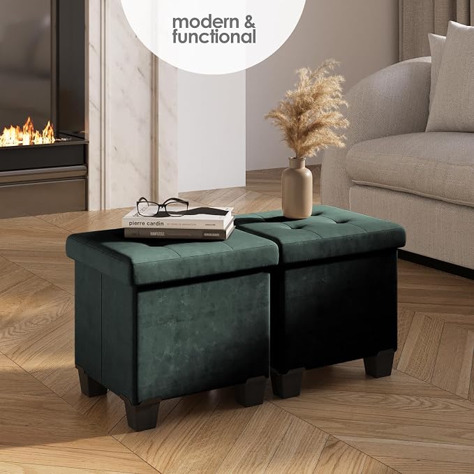 Storage Ottoman Cube with Small Bin, 15-in Square Ottoman with Storage for Living Room and Bedroom, Small Ottomans Foot Rest, Velvet Foot Stools Ottomans Max 330lbs, Green - Image 2