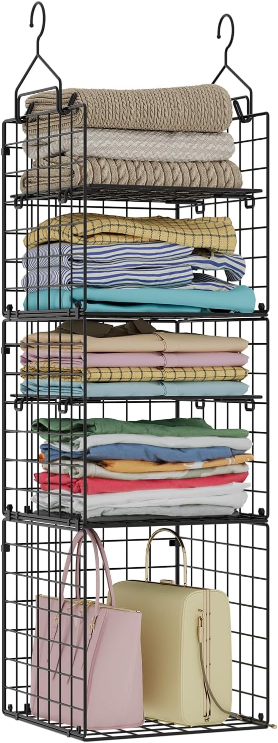 X-cosrack Hanging Closet Organizer and Storage - 5-Tier Closet Storage Organizer Baskets for Clothes & Adjustable Collapsible Metal Closet Hanging Organizer Shelves for Sweaters Shoes Handbags by X-cosrack
