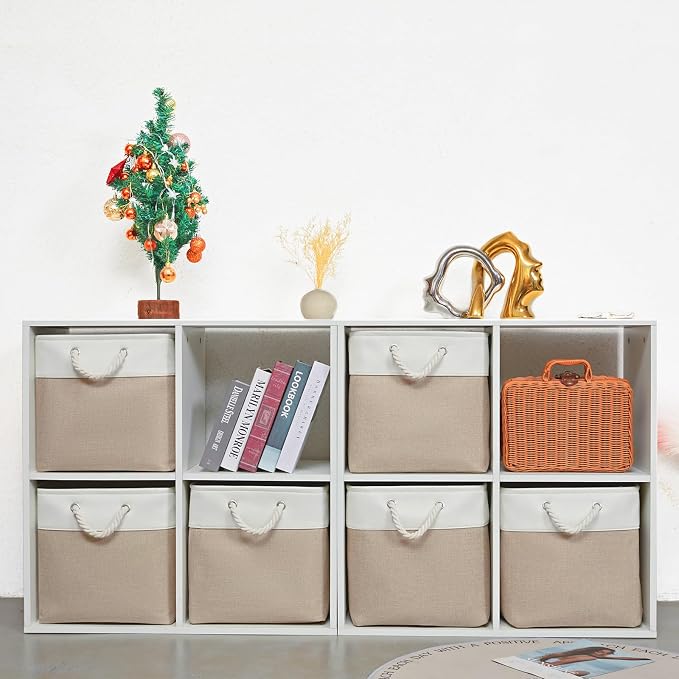 13 Inch 6 Pack Foldable Fabric Storage Cubes with Handles | Home Cube Storage Basket,Large Cube Storage Bins,Closet Storage, Home Organizer(White&Beige) - Image 2
