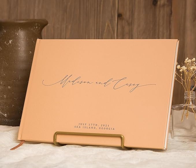 Personalized Guestbook in Tan - Premium Tan Leatherette Custom Modern Guest Book for Wedding Reception, Birthday Party or Events w/Bookmark Blank Pages for Signing, Large 11.5 x 8.5 inches - Image 7
