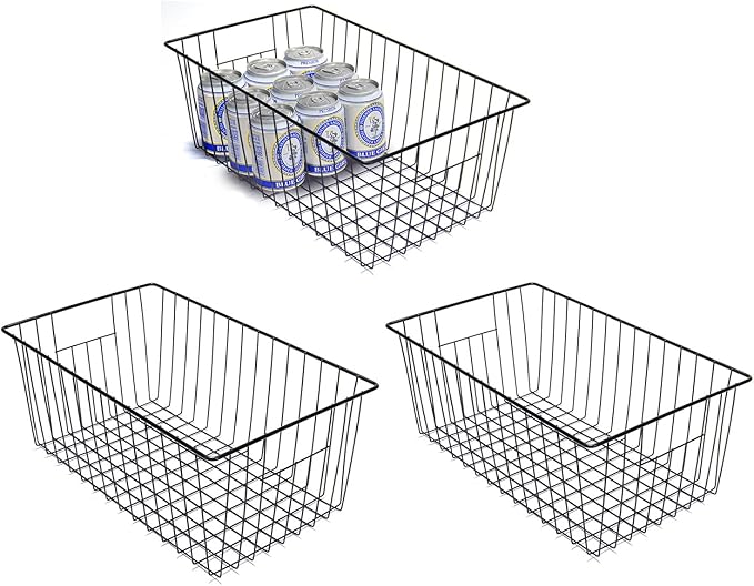 Freezer Organizer Bins - 3 Pack Stand Up Freezer Baskets for 16，17，21 cu.ft Upright Freezer, Wire Storage Baskets with Built-in Handles, Easy to Access Frozen Food Allow Air Circulation, Black by lonpute