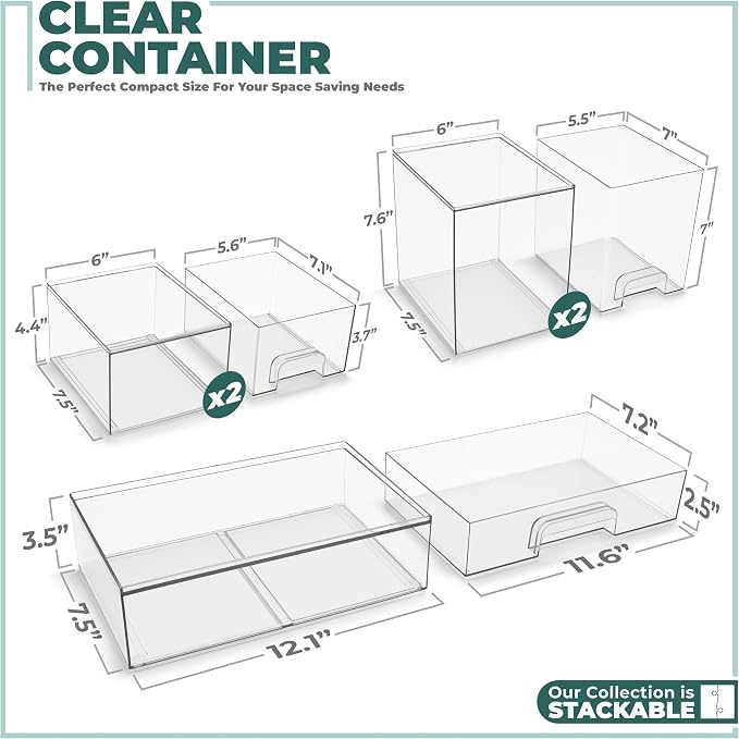 Sorbus Clear Stackable Storage Drawers (5 Pack, Complete Set) | Acrylic containers with pull-out bins keep cosmetics, brushes and daily items sorted on bathroom counters or in cabinets. - Image 3