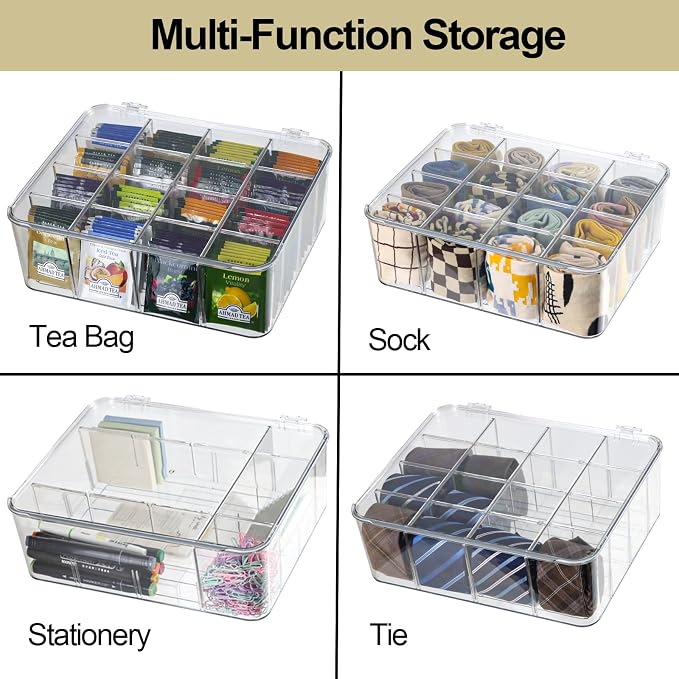 ZEXALOR Plastic Clear Storage Containers, Set of 2, Sock Organizer Divided Boxes with Lids, Underwear Drawer Organizer, Tie Dresser Organizer (11.8×9.4×3.9") - Image 5