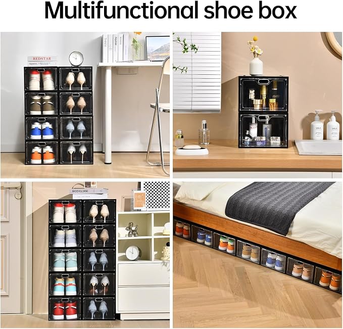 INSTY 12 Pack Large Shoe Storage Box, Clear Shoe Storage Organizer with Magnetic Door, Stackable,Shoe Containers For Display Sneakers, Easy Assembly, Fit up to US Size 12, Black - Image 7