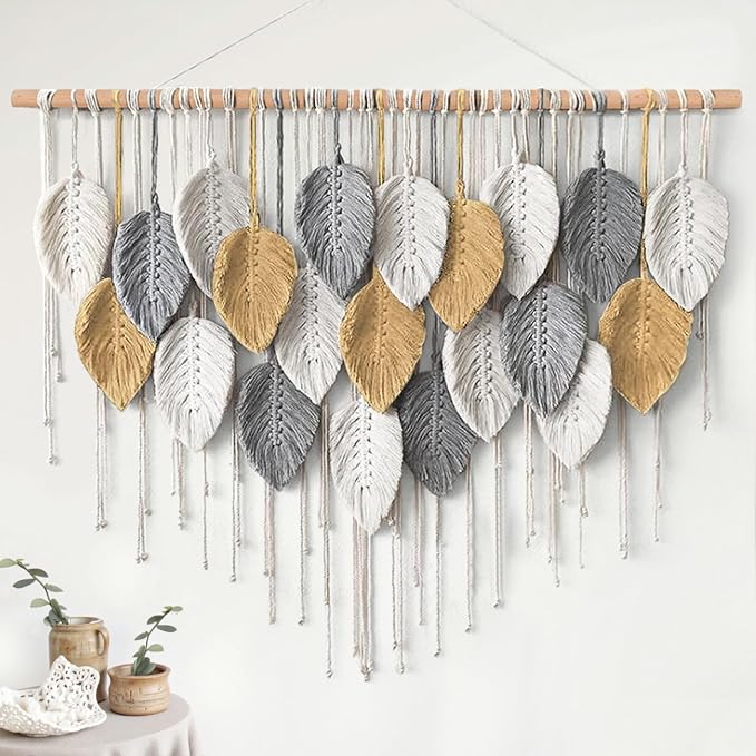 Large Macrame Wall Hanging Boho Woven Tapestry Chic Modern Home Decorations | KHOYIME Bohemian Farmhouse Handmade Leaf Feather Wall Art Decor for Living Room Bedroom Nursery Dorm Backdrop 39" W X 29.5" L by KHOYIME
