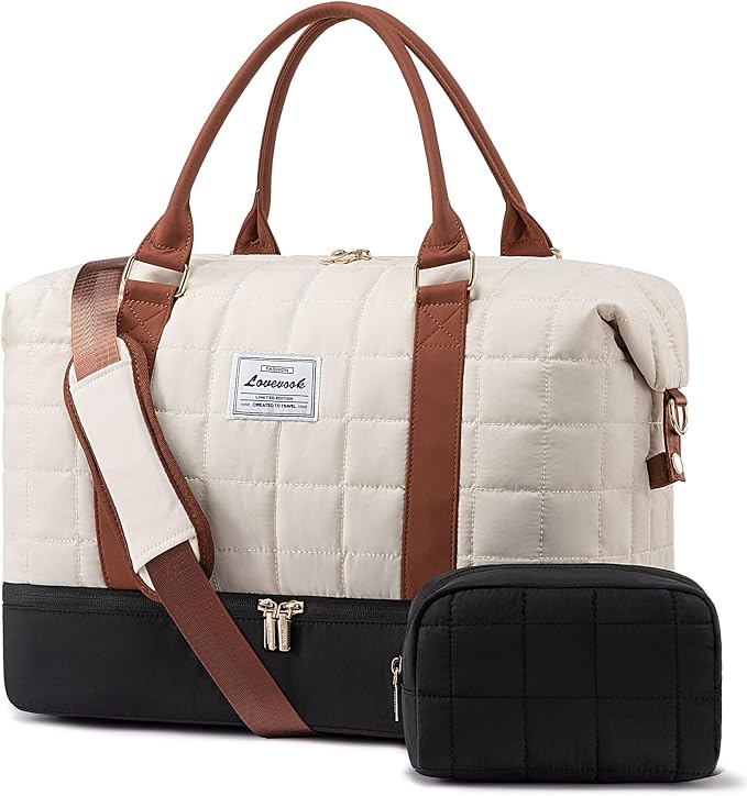 LOVEVOOK Large Duffle Bag for Travel, Puffer Weekend Bags for Women Travel Tote, Carry on Duffel Bag for Airplanes, 18 Inch Personal Item Bag Gym Bag Women, Black-White-Brown by LOVEVOOK
