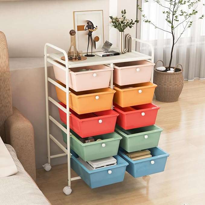 RELAX4LIFE Rolling Storage Cart with 10 Drawers - Craft Storage Cart with Lockable Wheels,Utility Cart, Art Cart Organizer for Crafting Storage, Studio, Office, Home, School Rolling Drawer Cart - Image 8