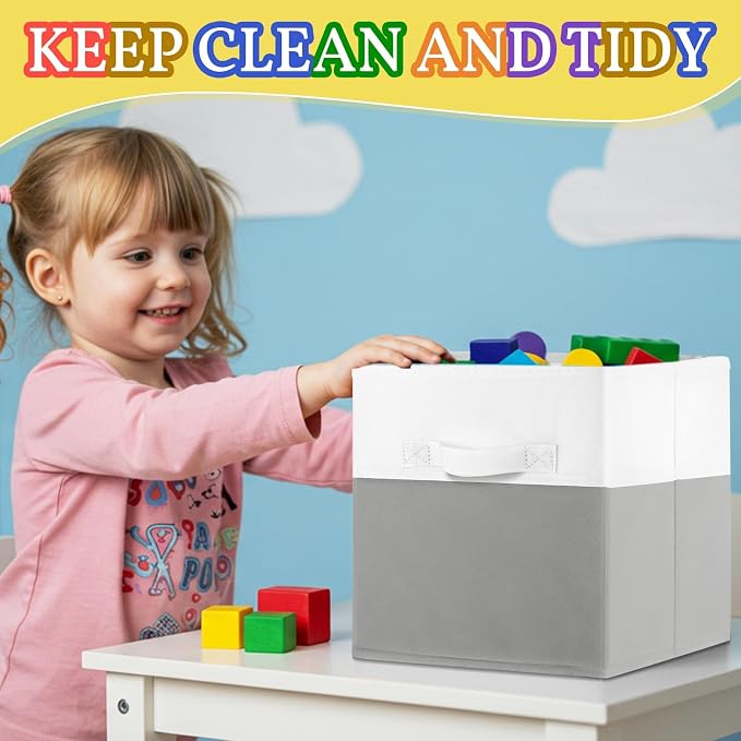 Yinder 6 Pcs Cube Storage Bin White Gray 10.5''x10.5''x11'' Storage Bins for Playroom Decor Colorful Bins for Kids Foldable Baskets for Nursery Organizer Boxes Fabric Boxes - Image 4