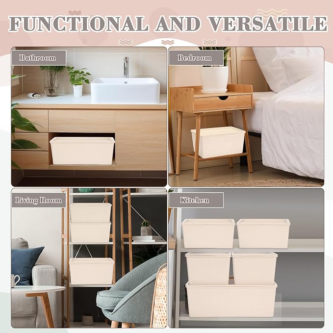 6 Pcs White Large and Small Plastic Storage Bins with Lids | 14.4 x 10.4 x 5.1 Inch and 10.6 x 7.5 x 4.7 Inch, Stackable Storage Container, Decorative Organizer for Shelves Closet Office - Image 5