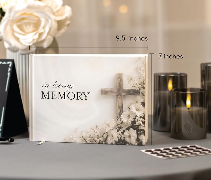 Cross Hardcover Funeral Guest Book - 9.5 x 7 Celebration of Life Guestbook for Memorial Service with 5x7 Paper Sign, Pen, Black Photo Corner Stickers - Image 4