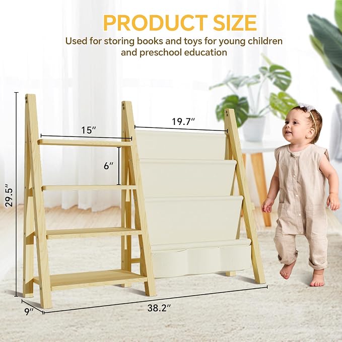 Toy Storage Organizer with Kids Bookshelf, Montessori Wooden Toy Organizer Book Shelf for Kids Rooms, Nursery, Playroom, Child, Baby, Toddler Bookcase, Toys Rack Fabric Sling Book Shelves - Image 6