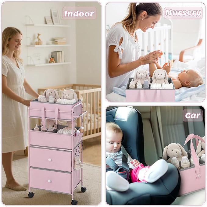 FoldTier 3In1 Baby Diaper Caddy Organizer Cart 4 Tier Large Capacity Metal Utility Bedside Rolling Cart with Divider Newborn Registry Nursery Essential Must Have Bedroom Gift Baby Shower(Pink) - Image 4