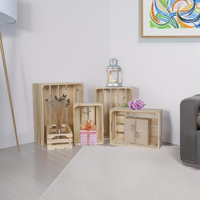 5-Piece Rustic Wooden Crates Unfinished Set, Wall Mountable Slatted Storage Crates with Handles, Farmhouse Wooden Crates for Display & Organizer for Home Decor - Image 4