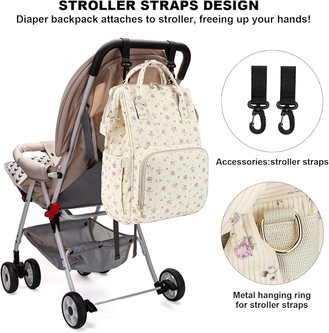 Corduroy Diaper Bag Backpack for Baby Girls Boys, Women Large Nappy Bags for Mom (Beige Corduroy Flowers Purple) - Image 6