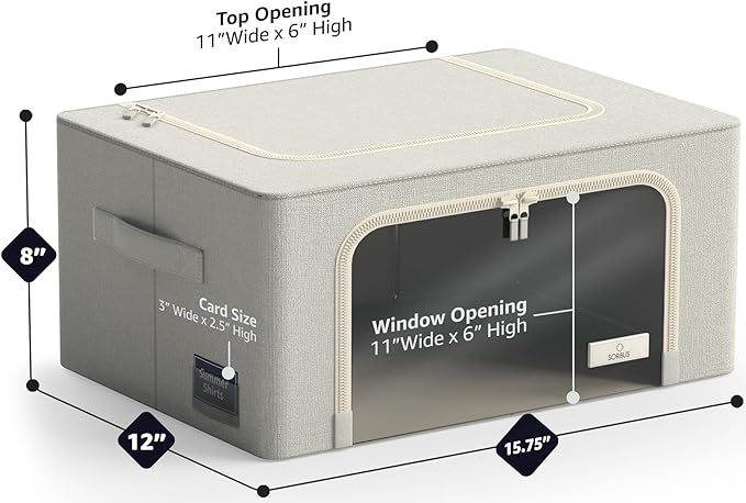 Sorbus Clothes Storage Bins, Clear Window & Handles (6 Pack, Beige) | Large foldable stackable boxes have easy-carry grips for bedding and linens in closets, bedrooms and laundry rooms. - Image 3
