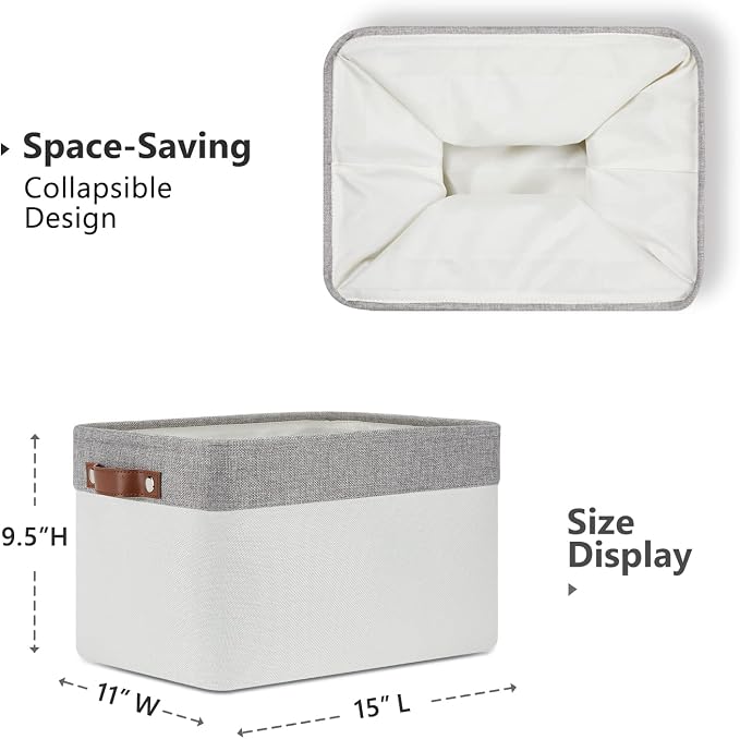 DULLEMELO Storage Baskets for Organizing, Shelves,Bedroom, Decorative Storage Bins with Leather Handles, Fabric Storage Basket for Office, Toys(3-Pack Medium-15 inch X 11 inch X 9.5 inch , Grey&White) - Image 2